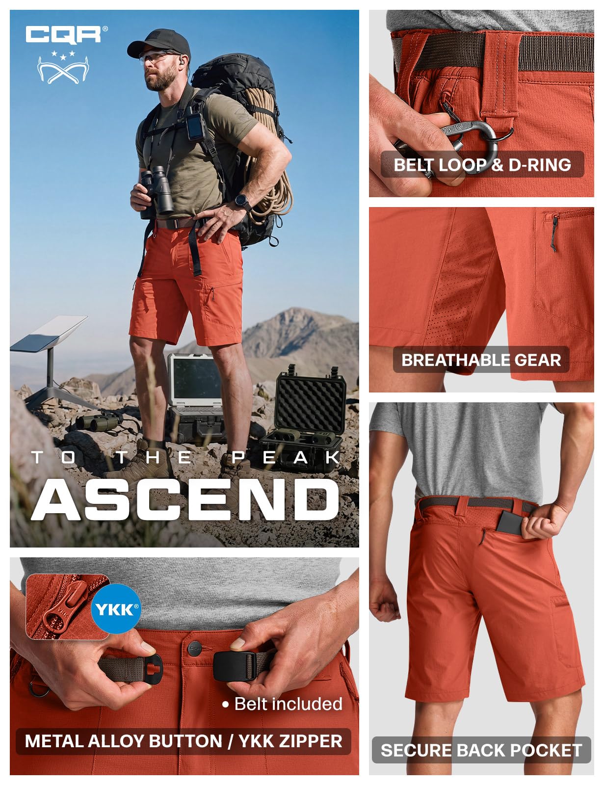 CQR Men's Quick Dry Stretch Hiking Cargo Shorts, Lightweight Water Resistant Tactical Casual, Golf & Outdoor with Pockets
