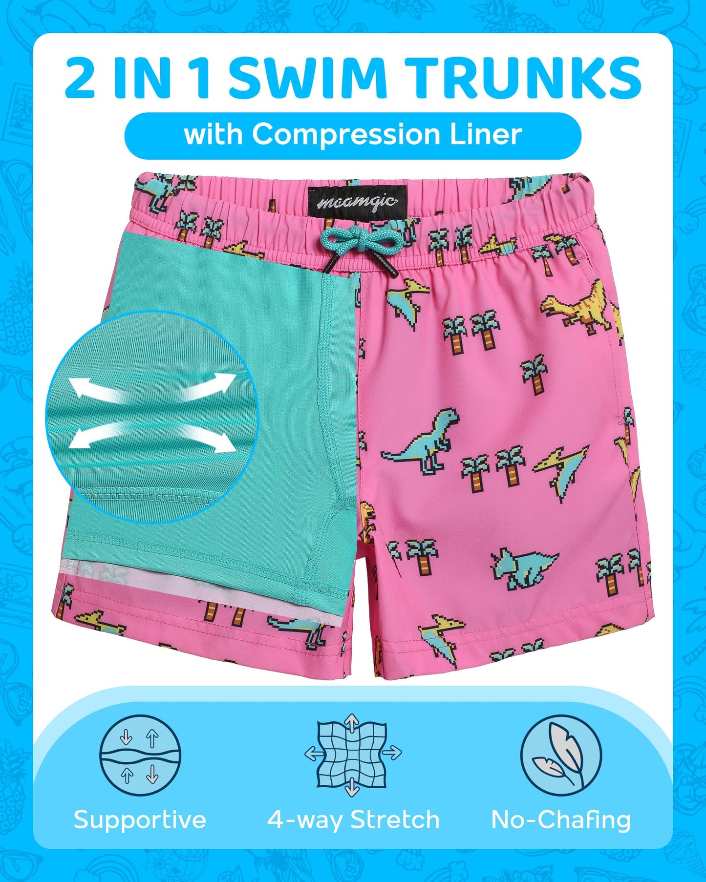 maamgic Boys Swim Trunks with Compression Liner 4-Way Stretch Quick Dry Swim Shorts Swimming Trunks Toddler Boy Dinosaur Pink 10-12 Years