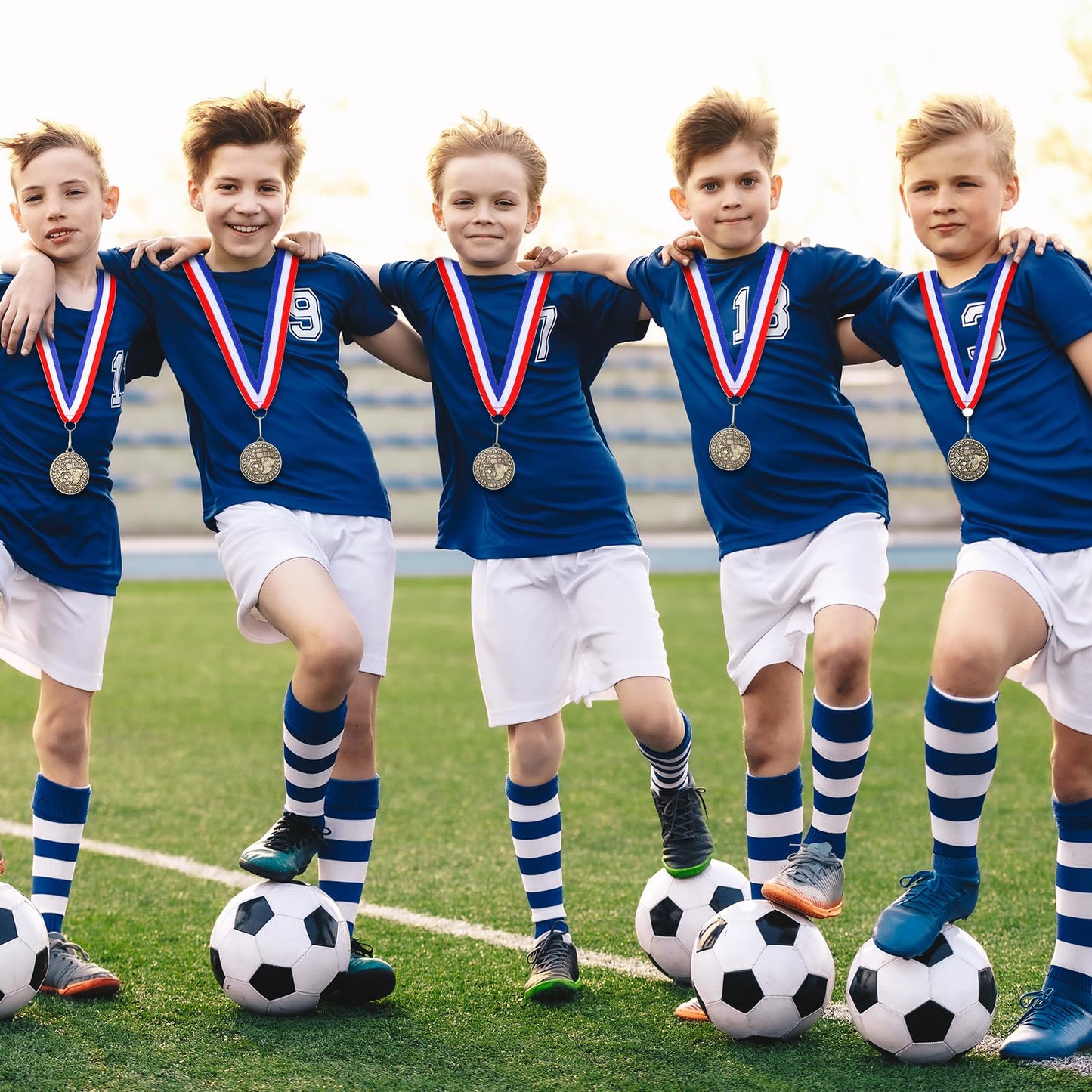 Remuuly 30 Pcs Gold Medals Bulk 2'' Basketball Soccer Baseball Volleyball Football Lacrosse Kickball Cheer Bowling Trophy Medals for Awards for Sports Participation Winner Gift(Gold,Soccer)