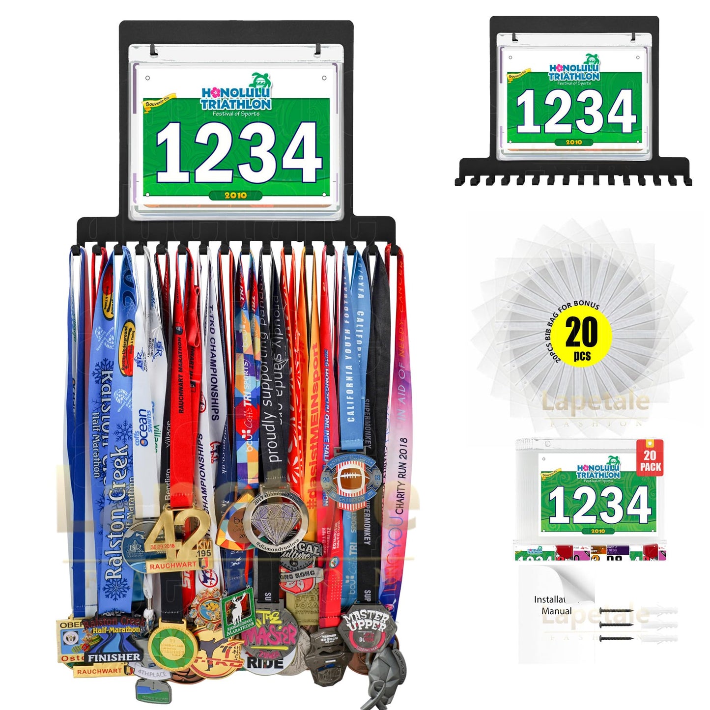 Lapetale Fashion Race Medal and Bib Display,Running Bib and Medal Display and Runner Medal Hanger Display,Medal and Bib Hanger Display, Bib and Medal Display for Wall,Gifts for Runners