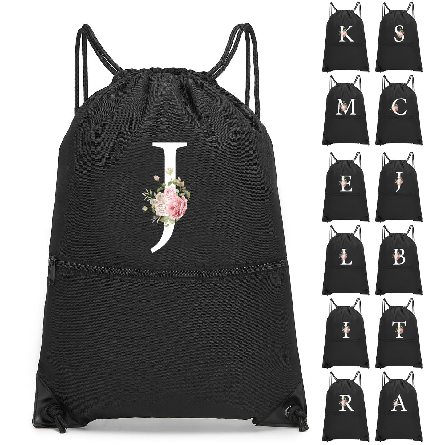 Drawstring Backpack, Personalized Initial Design Drawstring Bags Water Resistant String Bag for Women Men Gym Backpack Track Bag Sackpack Cinch Bags for Sports, Gym, Travel, Beach-Black (Letter J)