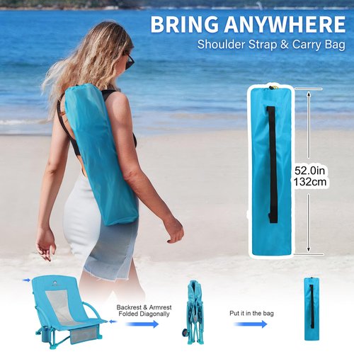 Low Beach Chairs 2 Pack,Folding Compact Low Seat Chairs for Adults w/Mesh Back& Storage Bag,Heavy Duty Chair for Outdoor Sand,Travel,Camping,Picnic,Blue