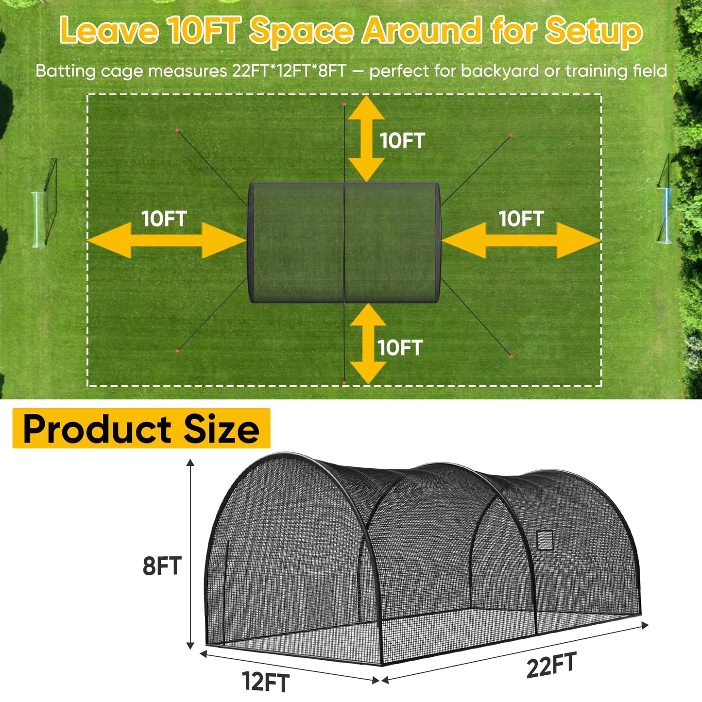 22FT Portable Baseball & Softball Batting Cage for Backyard – Enclosed Batting Net with Pitching Machine Hole, Sturdy Frame & Carry Bag, Ideal for Home Hitting & Pitching Practice, 22 x 12 x 8 ft