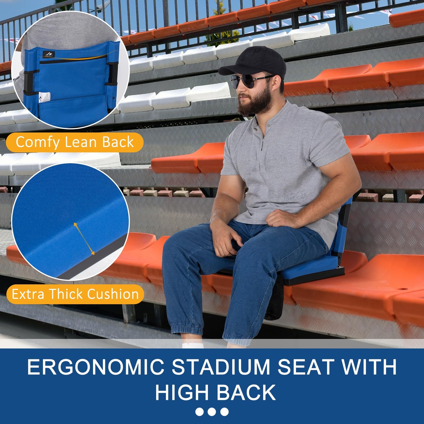 LOENIY 2 Pack Stadium Seats for Bleachers with Back Support, Bleacher Seats with Backs and Extra Thick Padded Cushion, Includes Shoulder Straps Carry Handle, and Cup Holder Side Pockets (Blue)