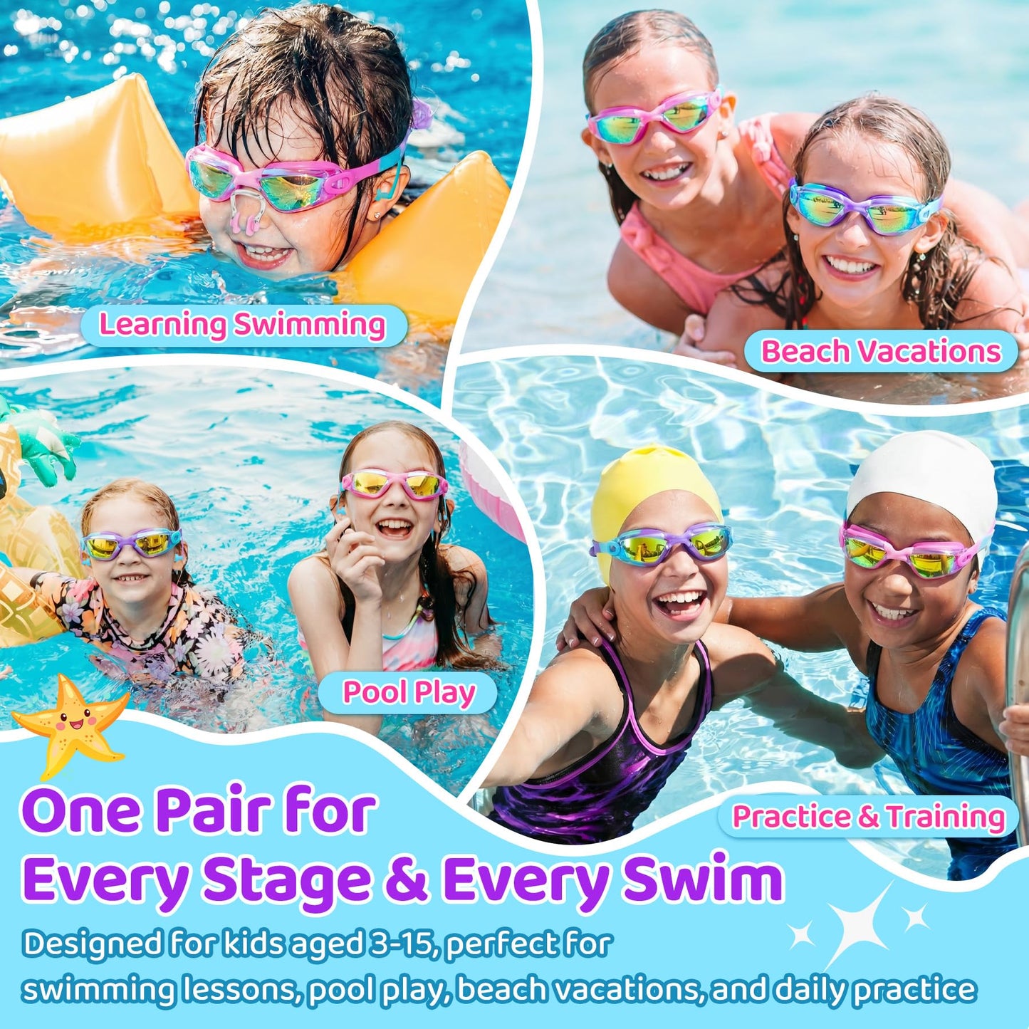 Vvinca Swimming Goggles for Kids 3-15 years-2 Pack, Kids Goggles Anti-Fog/UV No Leaking Swim Goggles for Kids