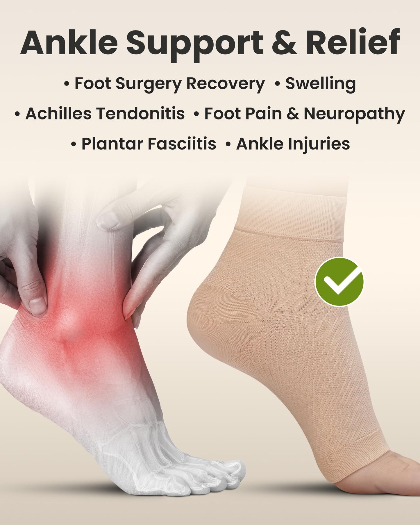 KEMFORD Ankle Compression Sleeve - Plantar Fasciitis Braces - Open Toe Compression Socks for Swelling, Sprain, Neuropathy, Foot Arch Support for Men and Women - 20-30mmhg, M, Beige
