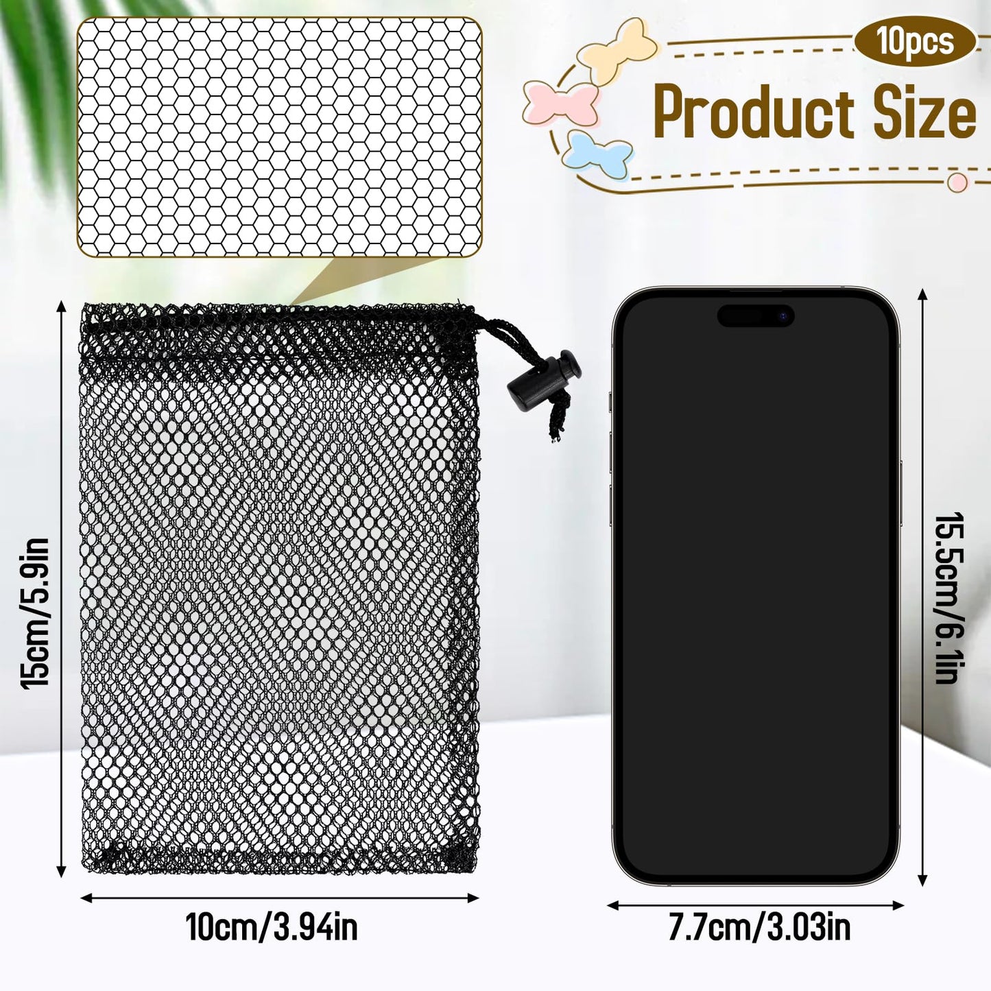 Sliverdew 10PCS Small Mesh Bags Drawstring Black Mesh Drawstring Bag Mini Nylon Net Bag with Drawstrings Small Travel Stuff Bags 6 x 4 inch
