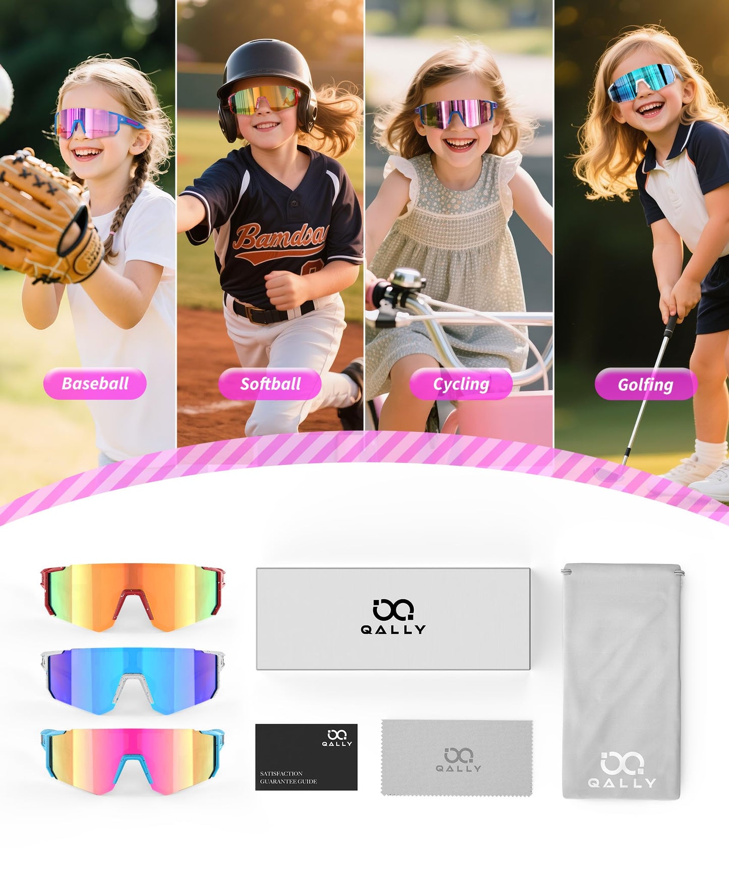 QALLY Kids Sunglasses Youth Baseball Softball Sunglasses for Girls Boys Age 4-14 UV Protection Sports Kids 3 Pack