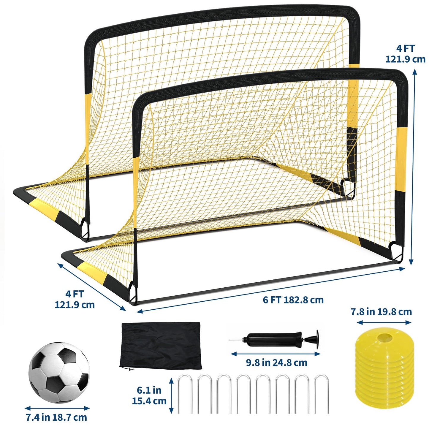 6x4 ft Soccer Goal Set, Portable 2-Pack Pop Up Nets with Ball, Pump, Cones & Bag – Kids Backyard Soccer Equipment, Easy Assembly