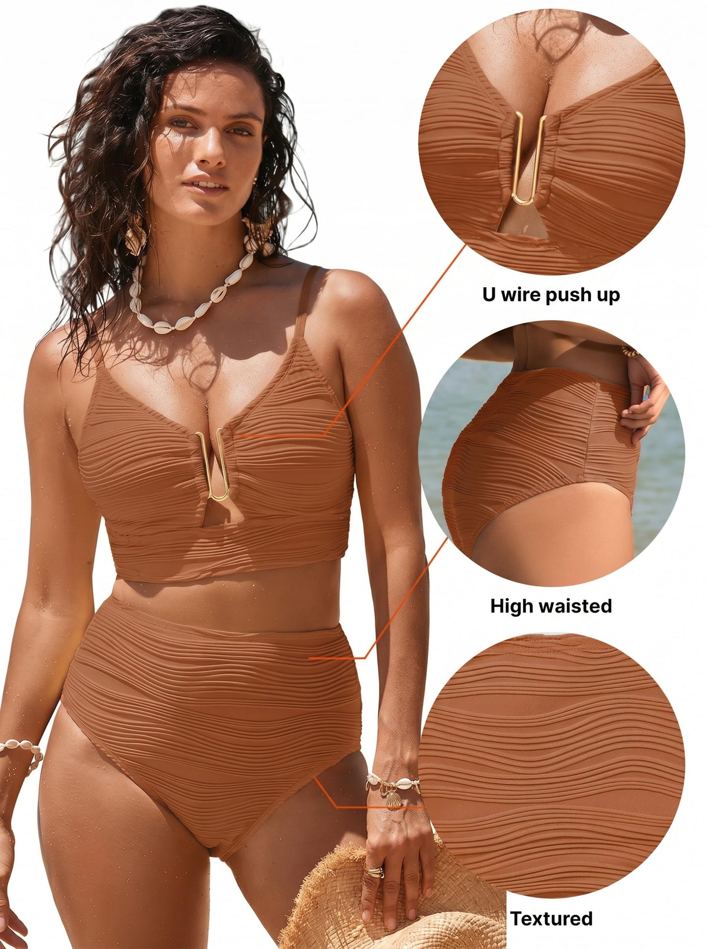 Herseas Women's 2 Piece Swim Suits Adjustable Spaghetti Straps High Waisted Popular Bikini 2026 Cutout Push Up Bathing Suit Trendy Vacation Outfits Caramel X-Large