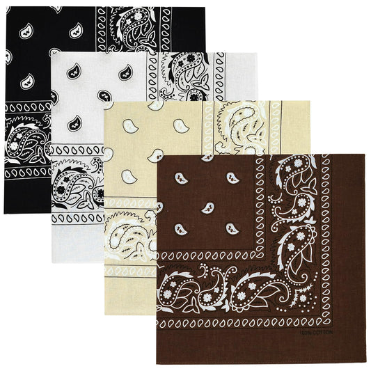 Gorgeous Island 4 Pack 100% Cotton Bandanas 21.5x21.5 inches - Black/White/Cream/Brown