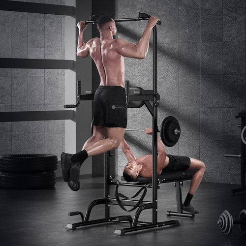 HEVIRGO All-in-One Multifunctional Power Tower with Height Adjustable, Heavy-Duty Construction, Push Up Stand,Pull Up Bar Dip Station/Stand for Home Gym Strength Training Workout Equipment Black