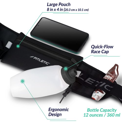 Fitletic Hydration Running Belt With 12oz Quick Flow Water Bottle For Men & Women –Race Belt, Gel Holders & Bib Toggles Patented Bounce Free Design, Water Resistant- Fits All Phones – Fully Loaded