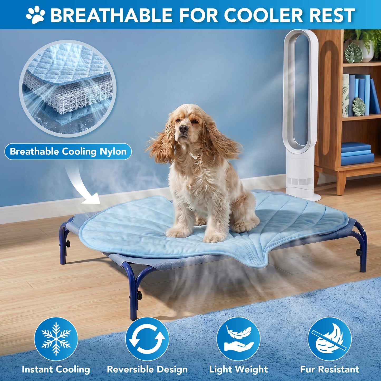 PetAmi Dog Cooling Mat, Ginkgo Leaf Shape, Pet Pad with Cooling Nylon & Soft Fleece, Q-Max > 0.4 Reversible All Season Blanket for Dogs & Cats, Medium 44x49 in, Light Blue