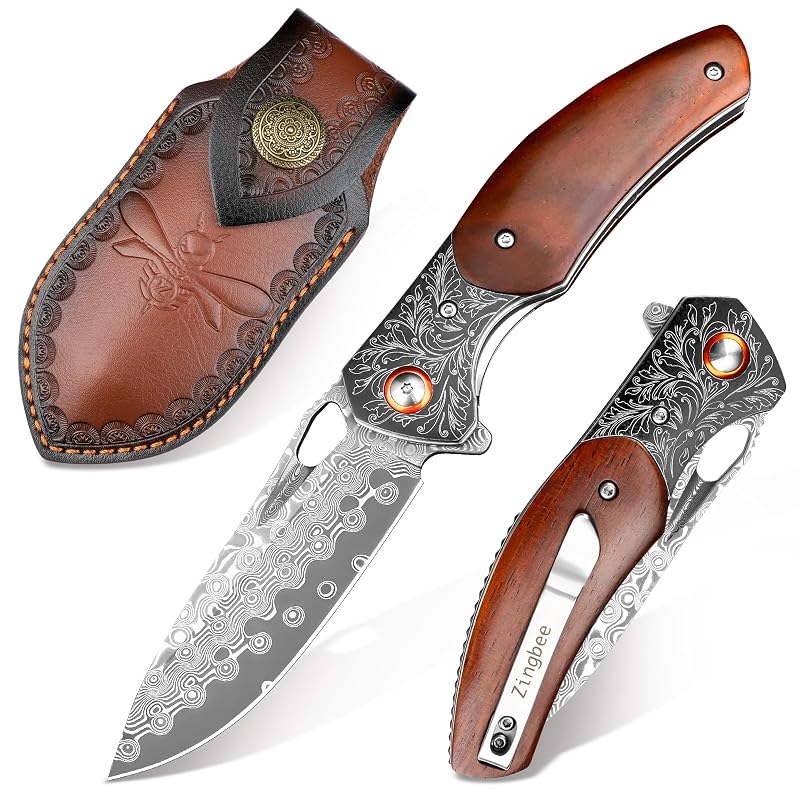Damascus Pocket Knife with Rosewood Handle & Leather Sheath - 8.07in, DMPH