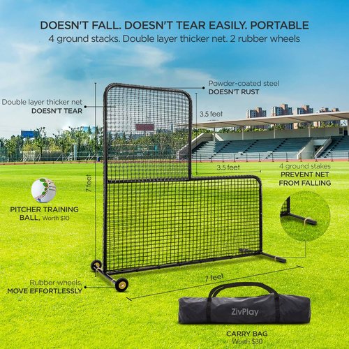 ZivPlay L Screen Baseball Screen Pitching Screen for Batting Cage Pitcher Protection 7x7 ft Protector Net Includes Portable Carry Bag Training Ball