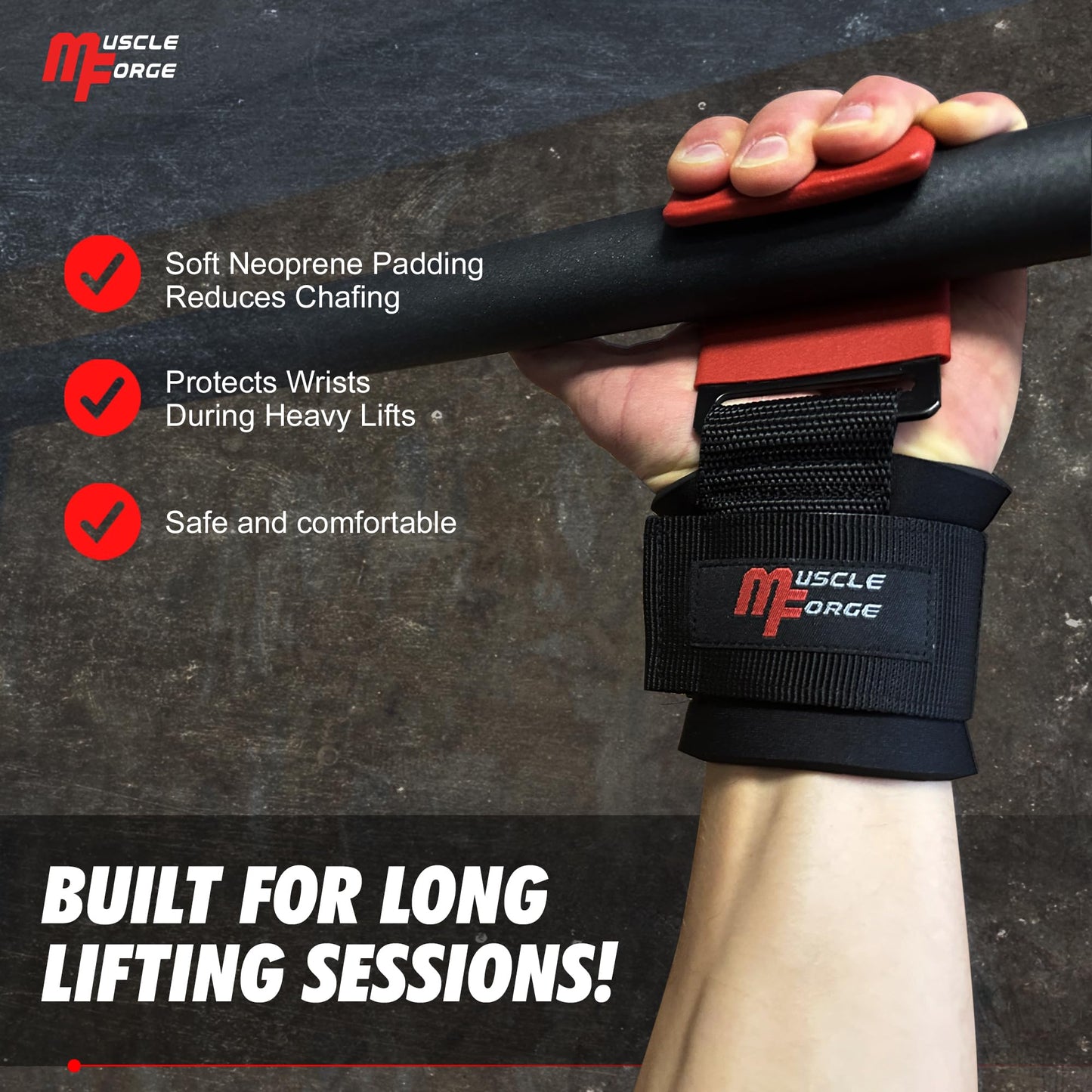 MuscleForge Weight Lifting Hooks for Men & Women - Heavy Duty Lifting Wrist Straps with Hook Grips for Weightlifting - Gym Grips for Weight Lifting, Pull Ups & Deadlift Support