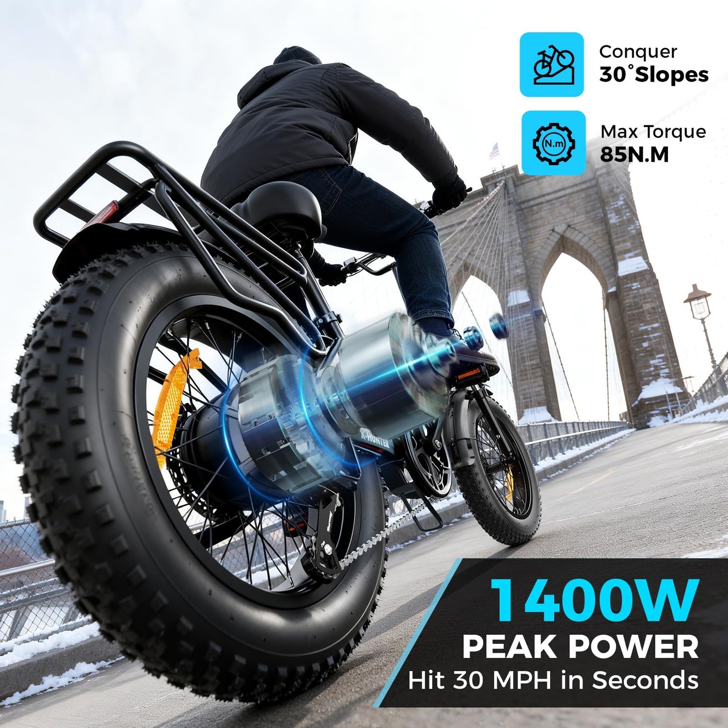 Jasion X-Hunter Electric Bike for Adults 1400W Peak Motor,30MPH Max Speed,48V 13AH Removable Battery,Full Suspension System Design,20 * 4.0 Fat Tire Foldable Ebike,7-Speed Electric Bicycle