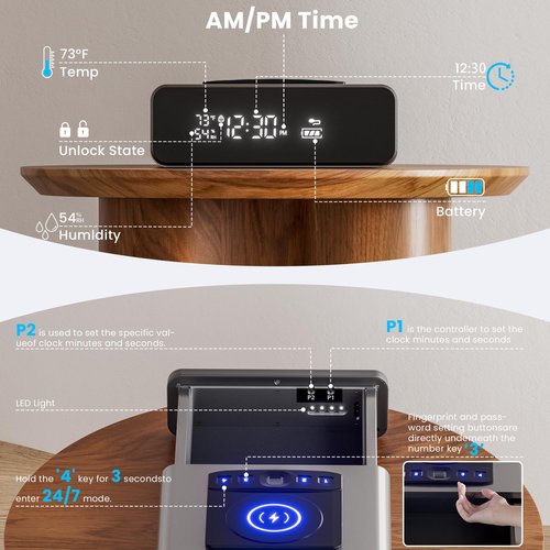 Mboko Biometric Discreet Gun Safe with 12-Hour Time Clock Display, Wireless Charging Gun Safe for Handgun with Adjustable Brightness, Backlit Keypad, LED Light, and Auto Pop-up Access