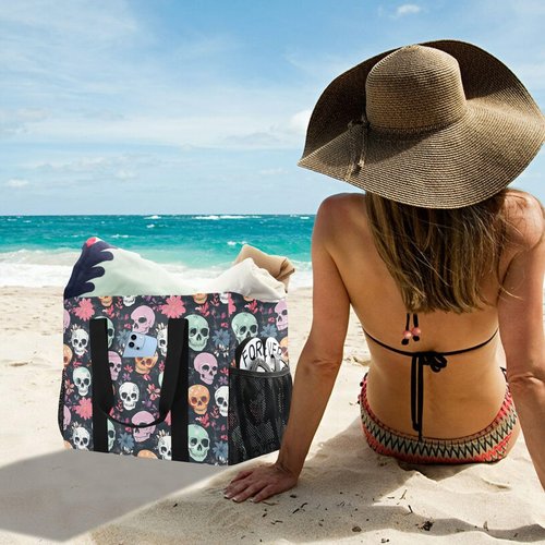 Bolaz Travel Tote Bag，Gym Bag for Men,Waterproof Beach Bag for Women Foldable Reusable-Colorful Skull Flowers5