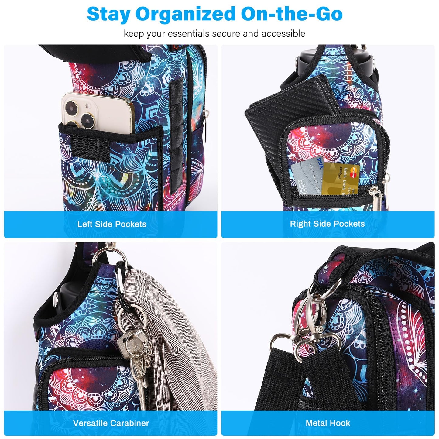 icolor Magnetic Gym Bag Water Bottle Carrier Holder with Phone Pockets & Shoulder Strap,5 Built-in Magnets Gym Bottle Pouch Sleeve,Magnetic Bag Gym Accessories Organizer for Men Women (Mandala)