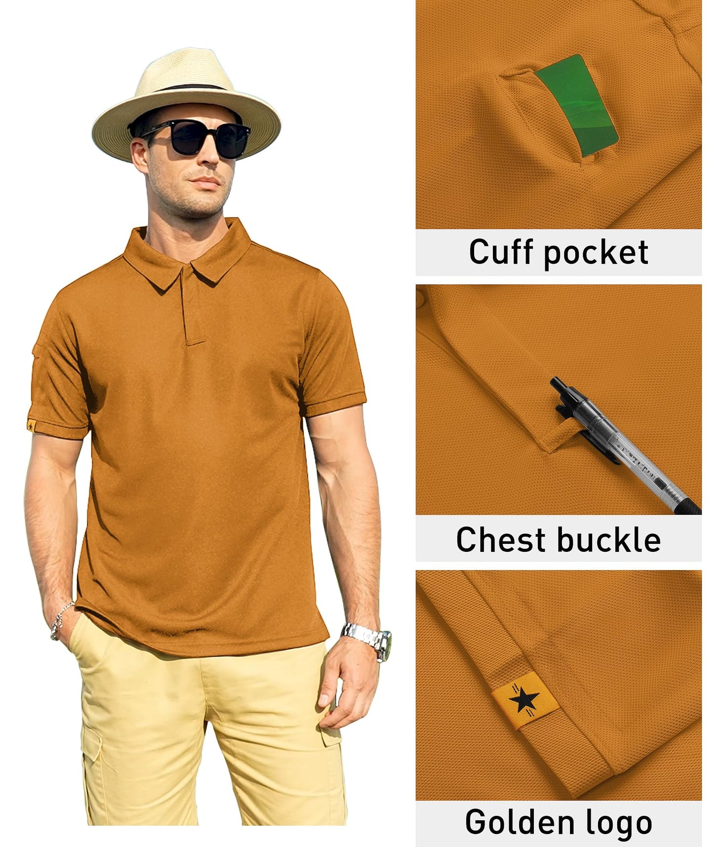 ZITY Mens Polo Shirt Short Sleeve Sports Tactical T-Shirt Athletic Golf Polos Daily Casual Stylish Collared Shirts for Men Light Orange XX-Large