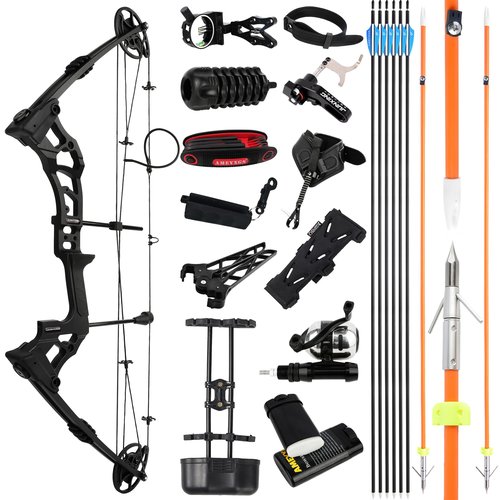 Bowfishing Bow Archery Kit - Axle-to-Axle 33", 0-70 Lbs Draw Weight, Draw Length 24"-30" Adjustable, with Retriever Reel Complete Compound Bows Fishing Set (Black, Right Hand)