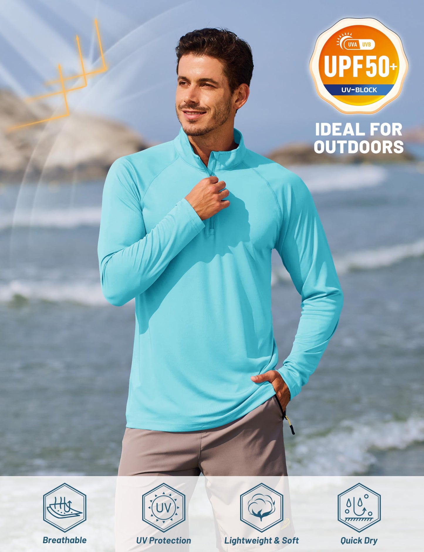 TACVASEN Swim Shirts for Men Rash Guard SPF Shirt Long Sleeve UPF 50+ Sun Protection Athletic Quarter Zip Running T-Shirts Lake Blue M