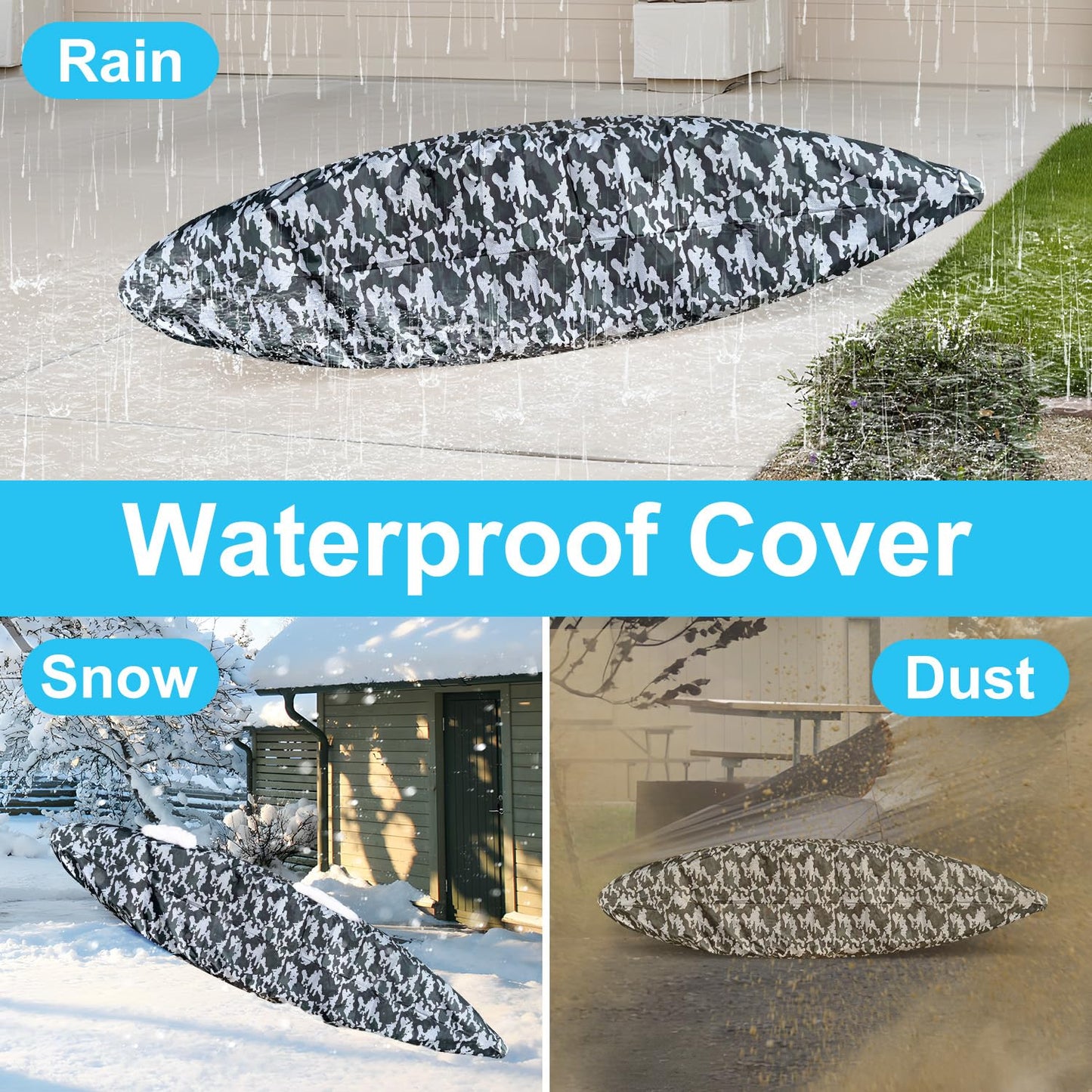 Kayak Cover, 420D Waterproof Kayak Covers for Outdoor Storage, Ultra Strong Canoe Storage Oxford UV Resistant Dust Cover Sunblock Fishing Boat Cover Shield Protector- Camouflage