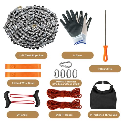 SENSILIN Rope Saw for Tree Limbs, 55 Inch Chain Saw with 70 Sharp Teeth & 46 Feet Ropes Kit, High Limb Pocket Chainsaw