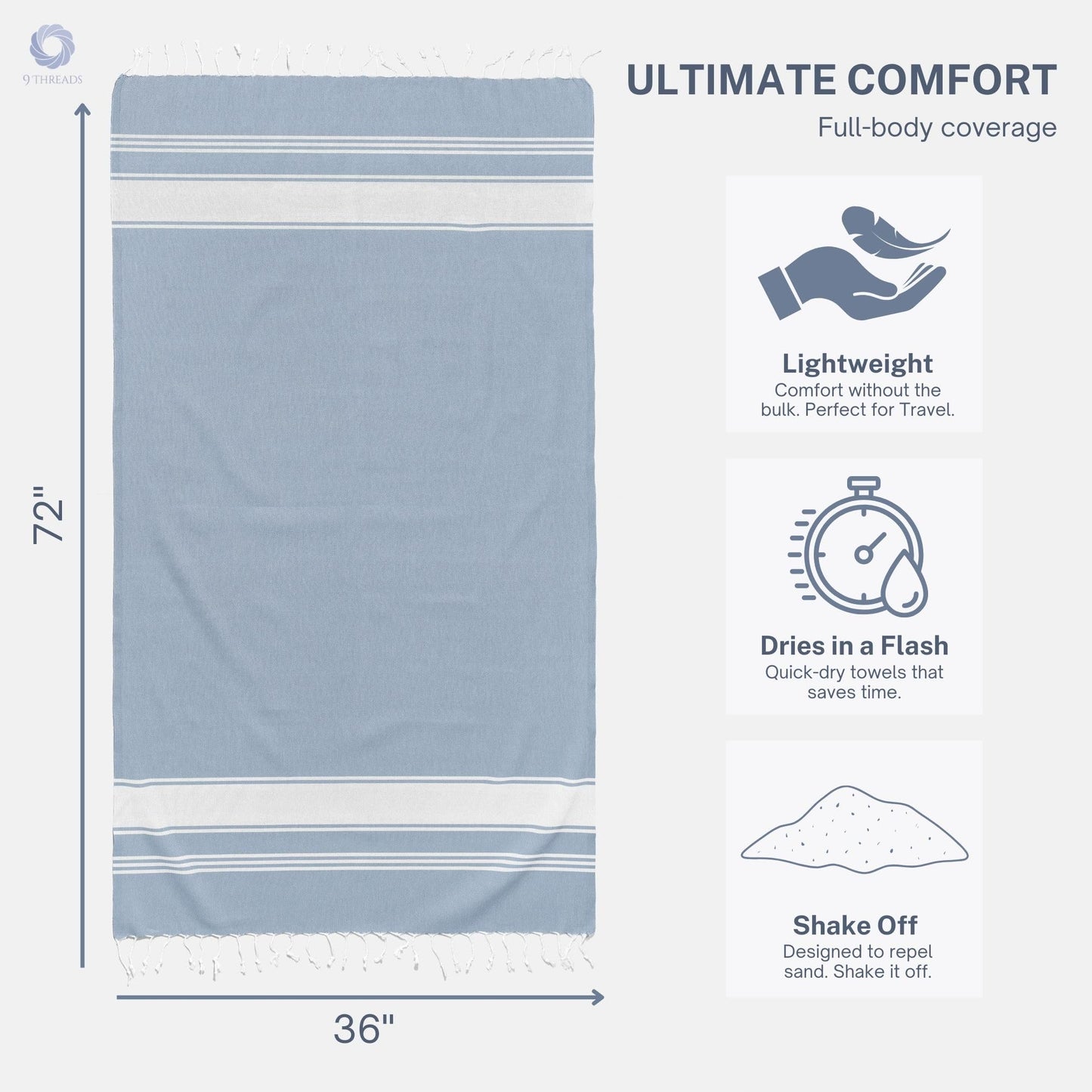 9Threads Cotton Turkish Beach Towel with Towels Oversized 36"x72" Pool Absorbent Extra Large Quick Dry Sand Travel Towel (Sky Blue, 4 Pack)