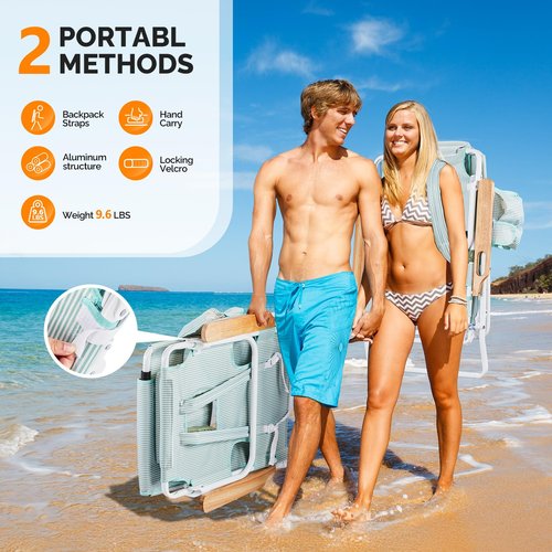 VINGLI Deluxe 3 in1 Beach Chair, Tanning Chair with Face Hole, Reclining Lounge with Foot Rest, Cup Holder and Storage Bag，Beach Lounge for Outdoor-Yellow