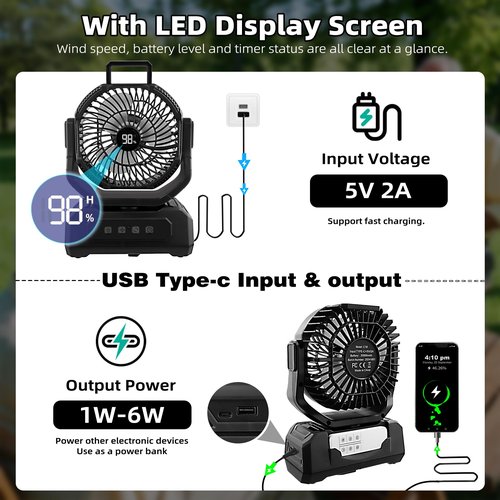 Roykaw Camping Fan 20800mAh Rechargeable Battery Powered Fan for 60 Hrs Cooling, Oscillating Fan with Battery Level Display, Colorful LED Lights & Timer Function, Fit for Fishing/Tent/Office, Black