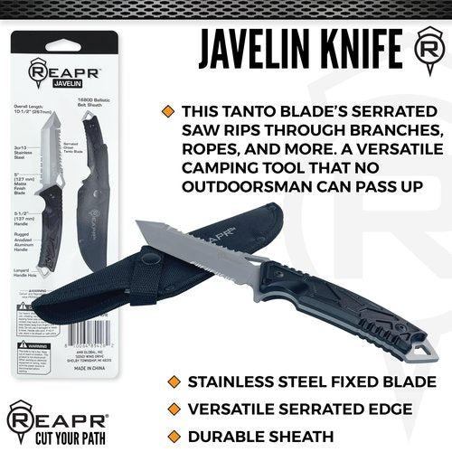Reapr JAVELIN 5 Inch Fixed Blade Survival Knife with Sheath, Full‑Tang Tactical Tanto‑Style Knife with Dual Serrated Edges, Camping and Hunting Knives, Black