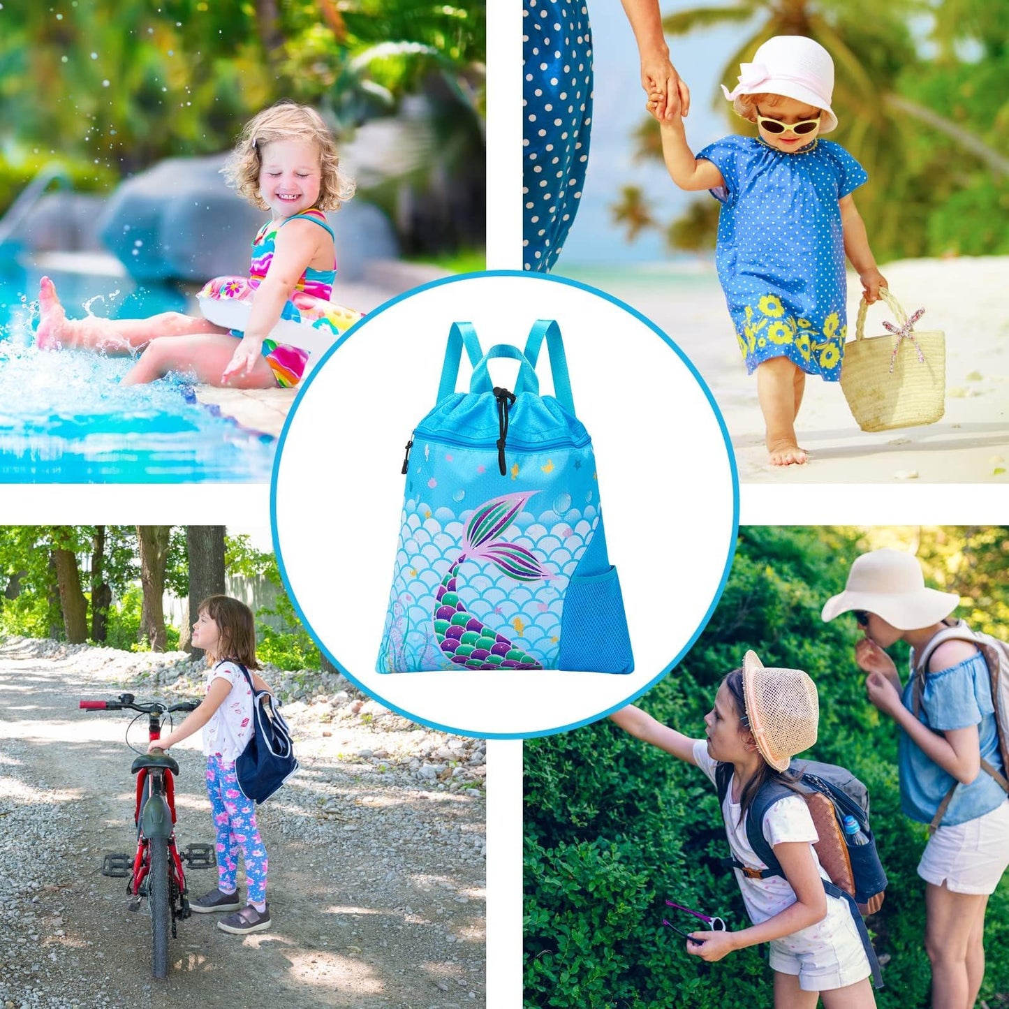 WAWSAM Drawstring Backpack for Kids, 15” × 17” Mermaid Gym Bag Cinch Bag for Girls Kids Waterproof Swim Beach Bag, Back to School Birthday Gift with Zippered Pocket and Bottle Pocket