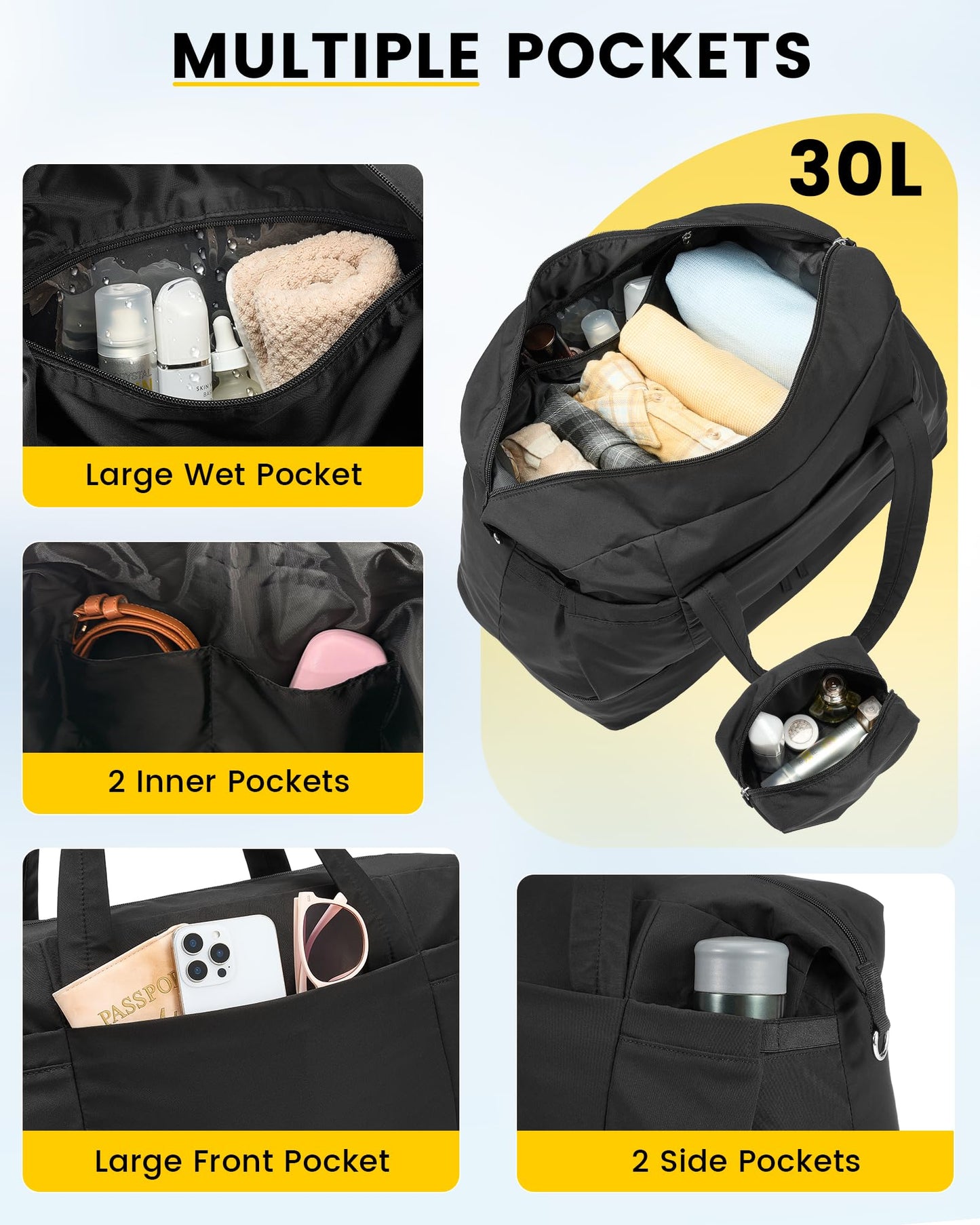 Vorspack Duffle Bag for Travel - 30L Gym Bag for Women Men Personal Item Travel Bag with Shoe Pocket Toiletry Bag Lightweight Carry On Bag for Weekender Overnight Sports - Black