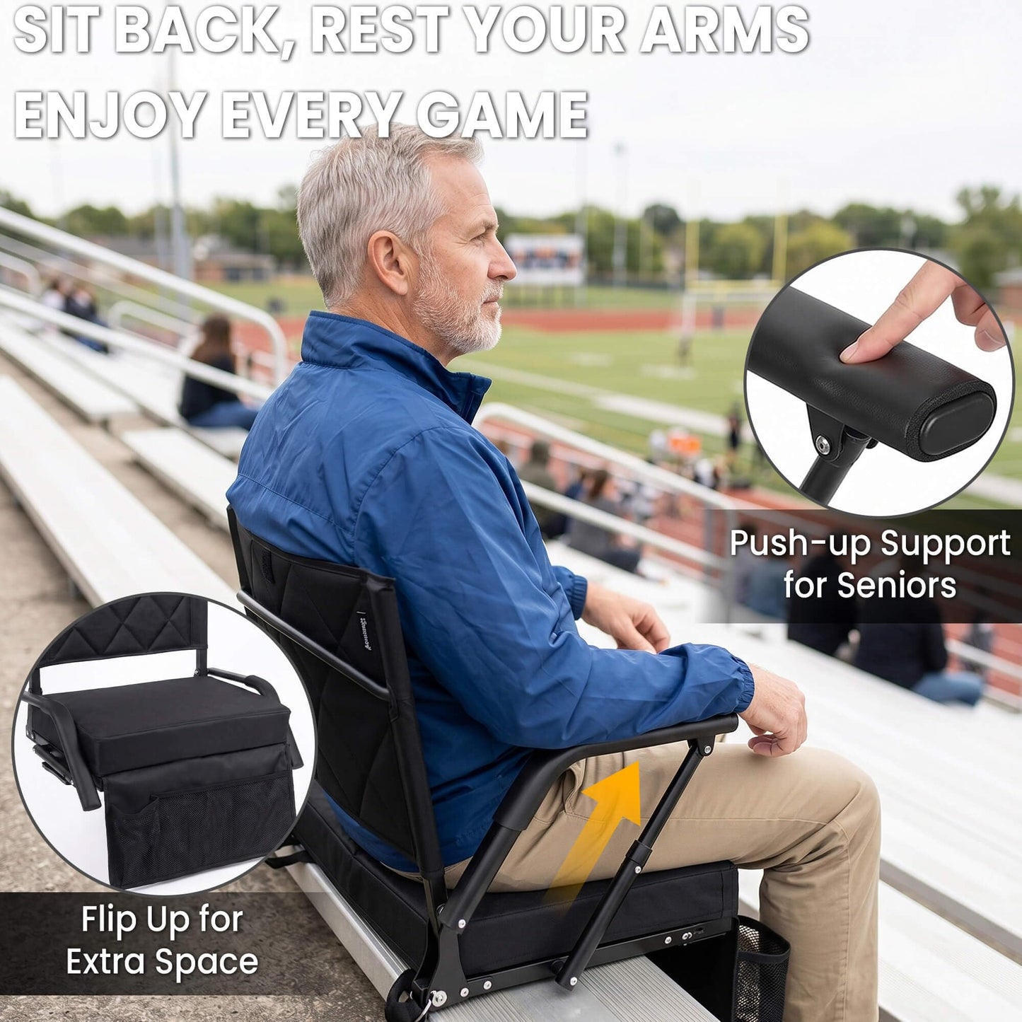 Sheenive Stadium Seats for Bleachers with Back Support (1 Pack) - 2.8'' Thick Wide Cushion & Padded Armrests, Cup Holder, Pockets, Carry Strap for Sports Events