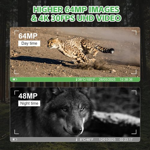 bopopo Solar Trail Camera 4K WiFi, 64MP Game Camera with 0.1s Motion Activation, Night Vision, IP67 Waterproof, Built-in 5000mAh Battery & 64GB Card, UHD 30fps