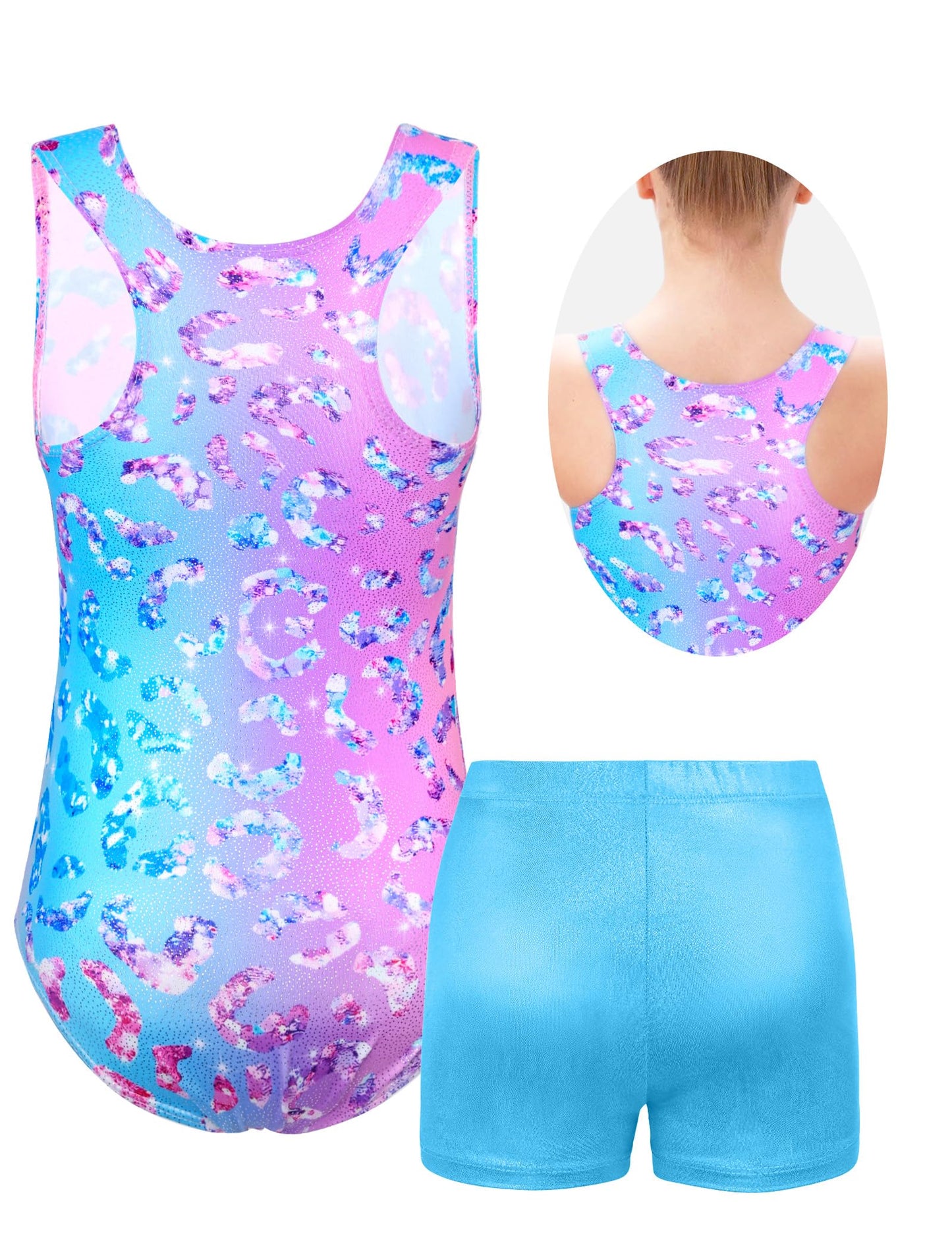 Kirinkylin Gymnastics Leotards for Girls 7 8 Years Pink Green Purple Leopard Print Training Unitard with Shorts