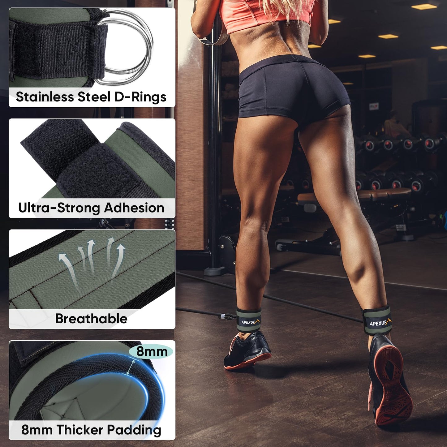 APEXUP Ankle Strap for Cable Machine, Ankle Resistance Bands, Cable Kick Back Straps for Gym, Glute Workouts, Leg Extensions, Adjustable Straps with Neoprene Padding (Single, Gray)