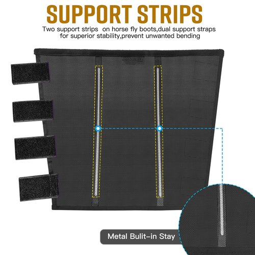 MIYABALA Fly Boots for Horses Set of 4,Extra Tough Mesh Horse Fly Boots with 2 Built-in Metal Supports,Breathable Fly Leggings for Horses with Fleece Trimming and Reflective Webbing (Black, Large)