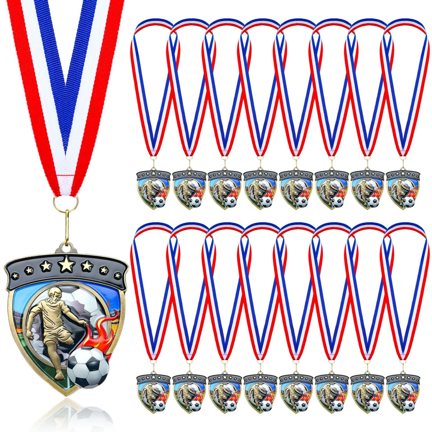 Remuuly 20 Pcs Award Medals Bulk Soccer Football Basketball Tennis Cheer Metal Winner Award Medals 3.35'' Shield Shape with Neck Ribbons Sport Team Participation Prize Gift (Soccer)