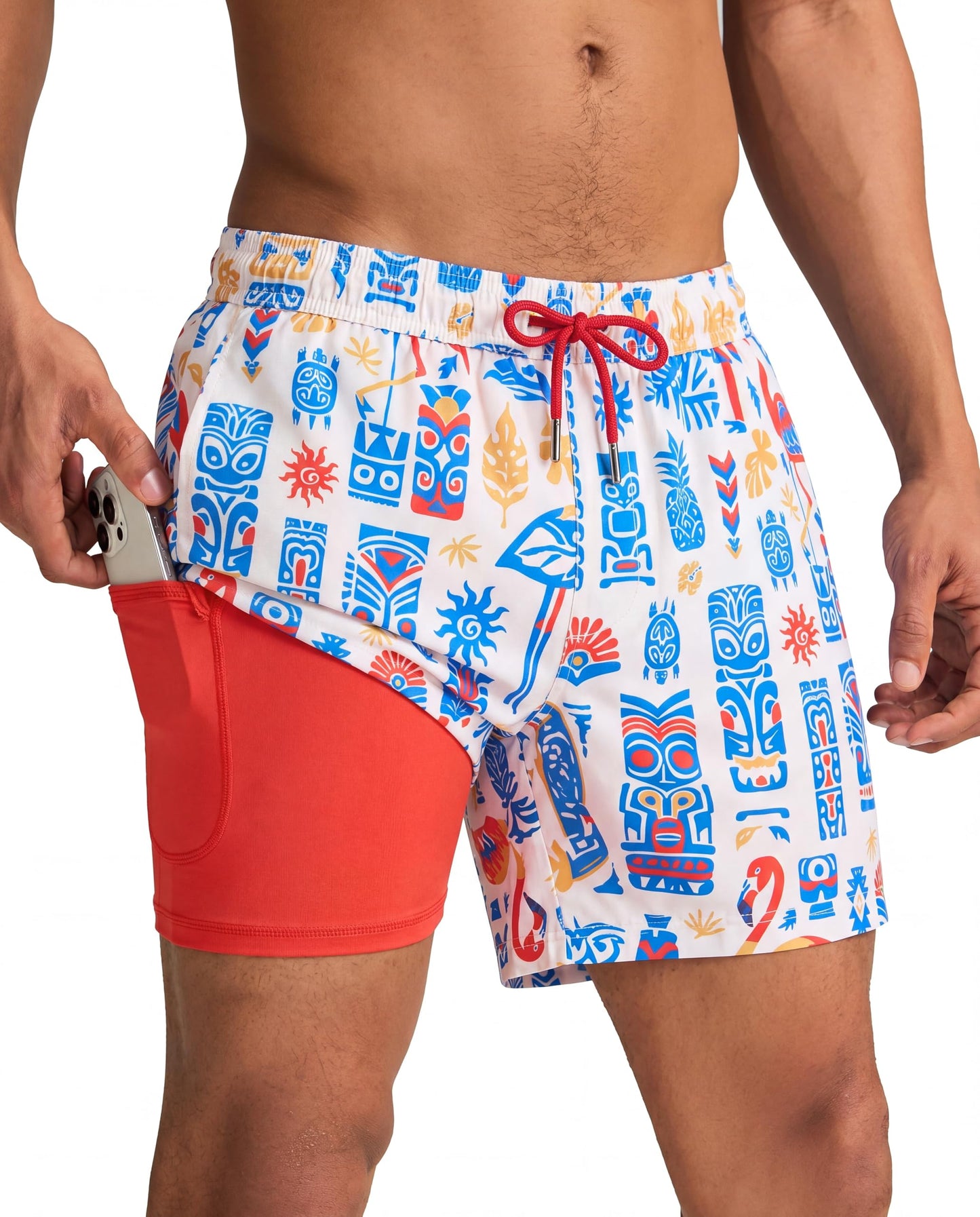 maamgic Mens Swim Trunks with Compression Liner 5 Inch, Quick Dry Bathing Suit with Zipper Pockets, Stretch No-Chafing Swim Shorts, Boro Flame X-Small