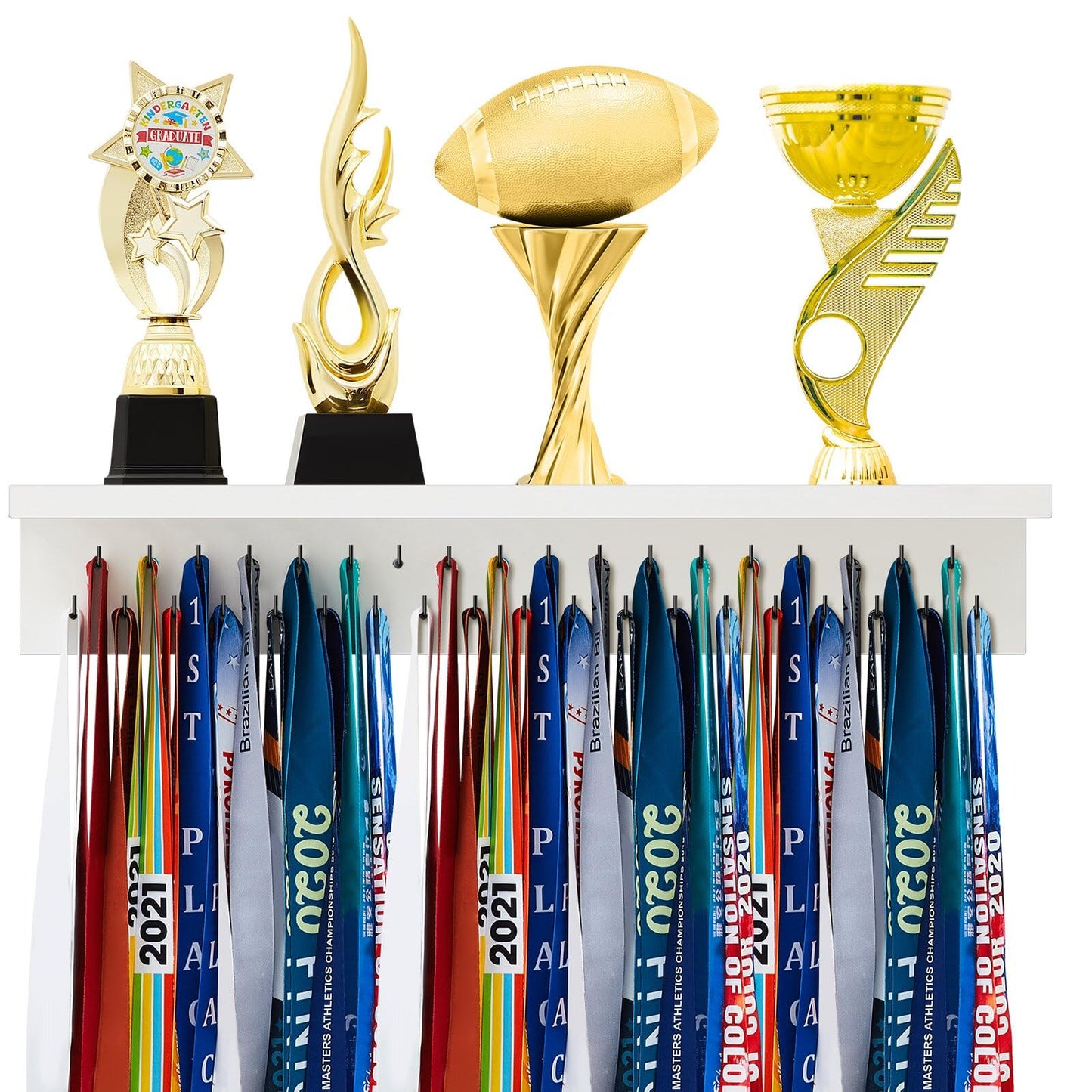 Threehoney Wooden Medal Hanger Display Trophy Holder Shelf with 25/37/49/65/83 Hooks Wall Mount Ribbon Holder Gift for Gymnastics Running Soccer Awards(2ft/24inch,White Shelf Black Hooks)