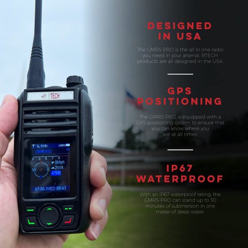 BTECH GMRS-PRO 5W Long-Range GMRS Radio – IP67 Waterproof, Bluetooth VOX, GPS, Texting, NOAA, Compass, Dual-Band Scanner, Off-Grid Location Sharing, Two-Way Walkie Talkie