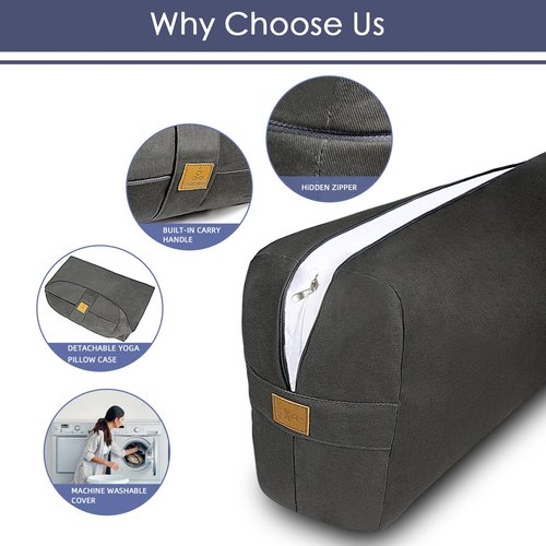 Yoga Bolster (26x10.5x5.5 in) Supportive Cushion for Restorative Yoga Accessories Rectangular Bolster for Stretching & Meditation - 100% Organic Cotton, Removable Washable Cover - Navy Blue