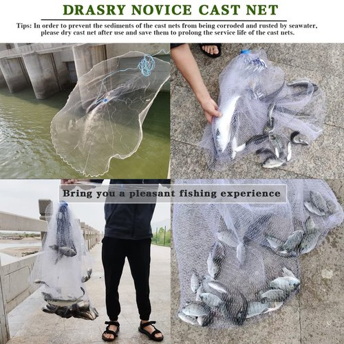 Drasry Saltwater American Fishing Cast Net 3/8inch Mesh Size for Bait Shrimp Trap Fish Heavy Duty Sinkers Throw Net 3FT to 12FT Radius 4FT Radius