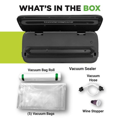 NutriChef Food Vacuum Sealer Machine - Automatic Air Sealing System for Dry & Moist Foods, LED Touch Controls, Includes Vacuum Bags, Hose & Wine Stopper, High Suction Power, 14"x6"x3", Black