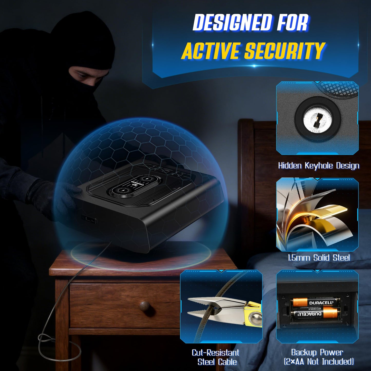 TRRKO Biometric Gun Safe for Handgun | Auto-Open Quick Access Pistol Safe with Fingerprint & Wireless Charger, Smart LED Display, Handgun Safe for Nightstand/Bedside/Home Defense(Deep Black）