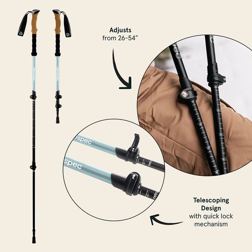 Retrospec Solstice Trekking Poles for Hiking - Camping Essentials with Adjustable Height 26-54in - Lightweight Aluminum Walking Sticks with Cork & Foam Grips & Quick-Lock System - Collapsible Design